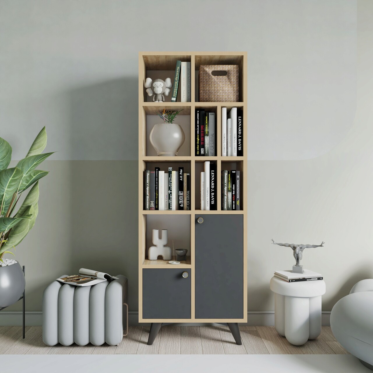 Corp biblioteca, Hanah Home, Lasko, 60x170x30 cm, Antracit / Stejar - imagine 6